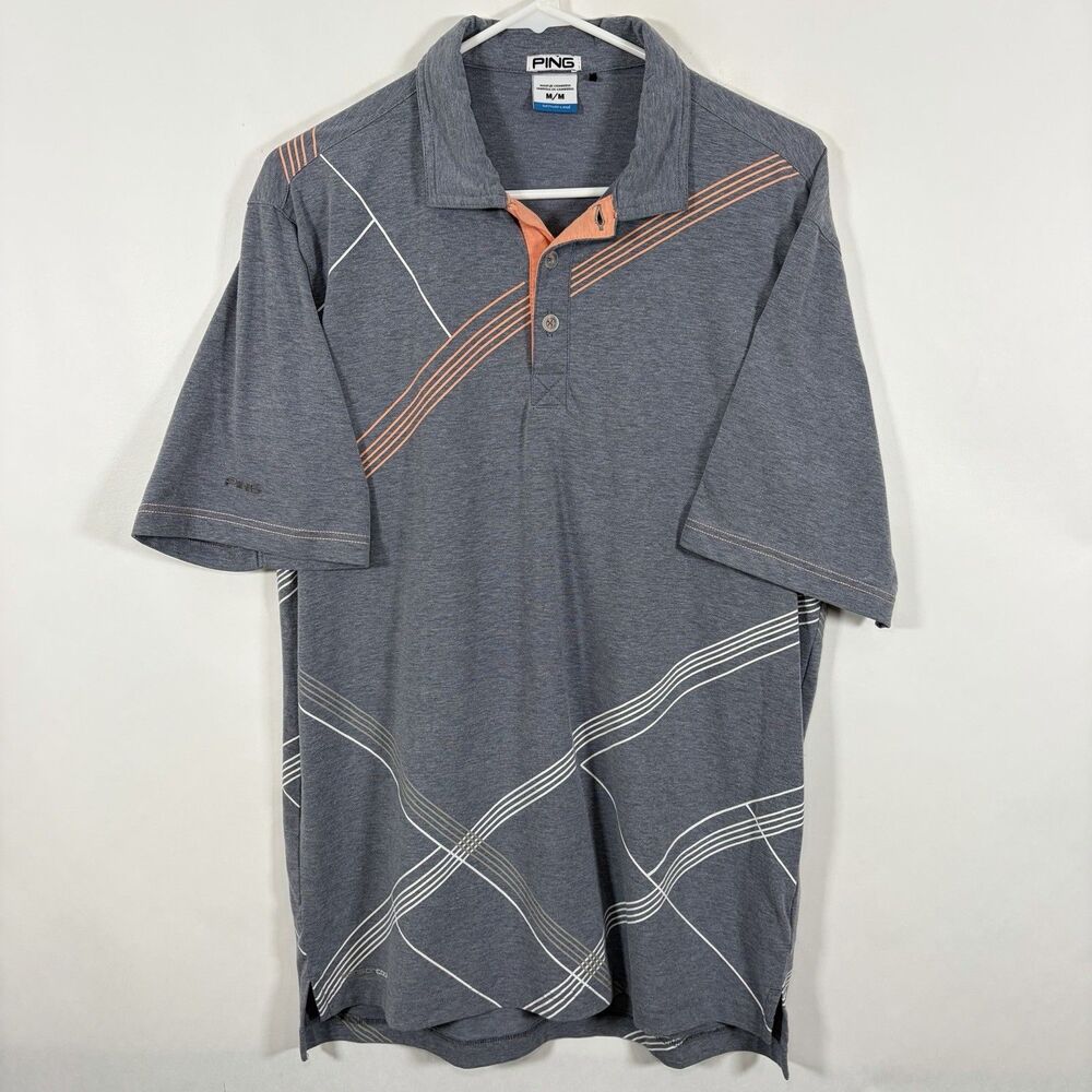PING Sensor Cool Golf Polo Shirt Mens Medium Gray Orange Geometric Poly Cotton